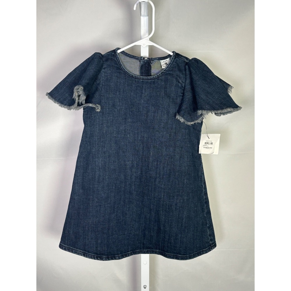 NWT Stem Girls Midnight Wash Denim Dress Size‎ 3 Frayed Flutter Sleeve Back Zip